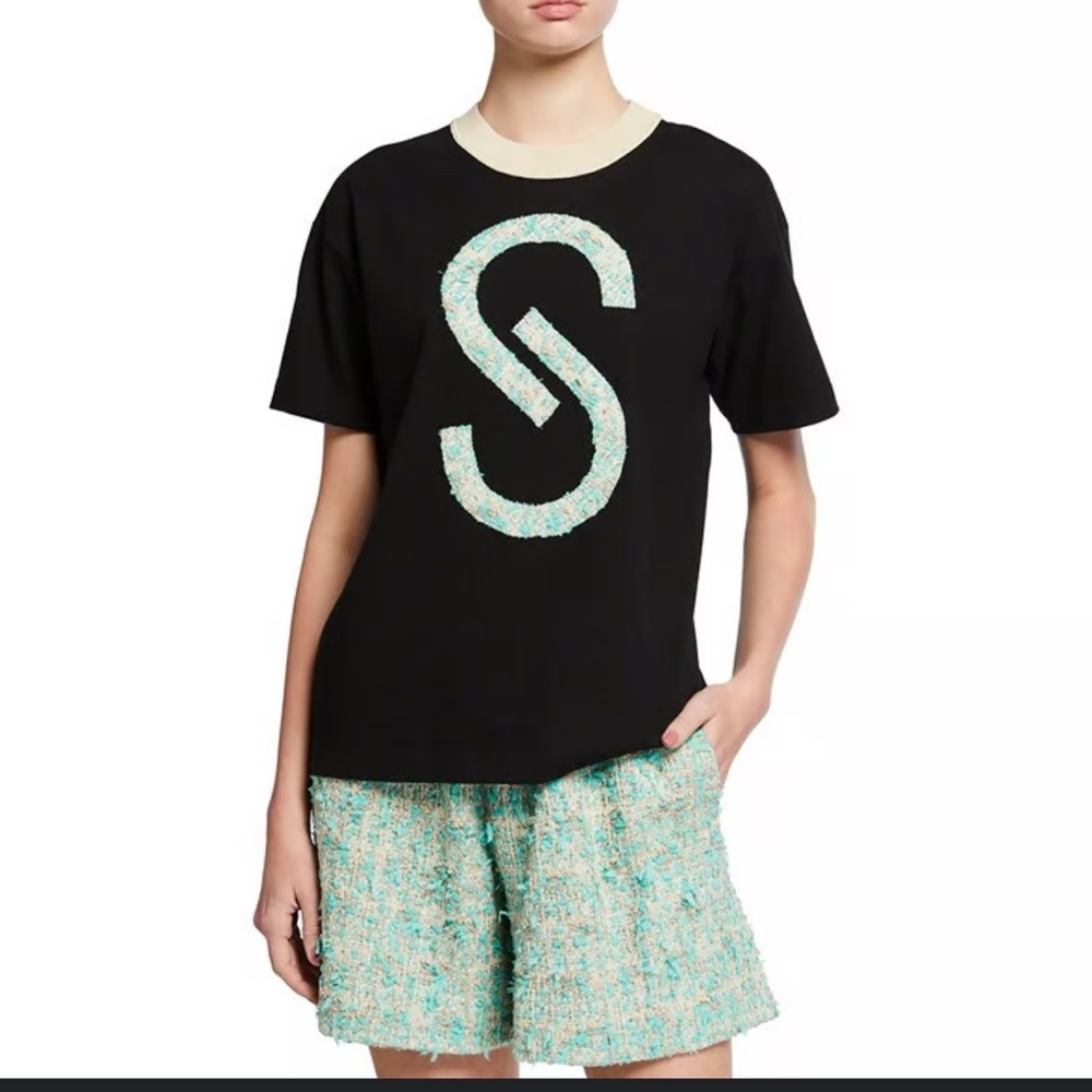 NWT $295 St. John Black and Cream Short Sleeve Tee with Logo